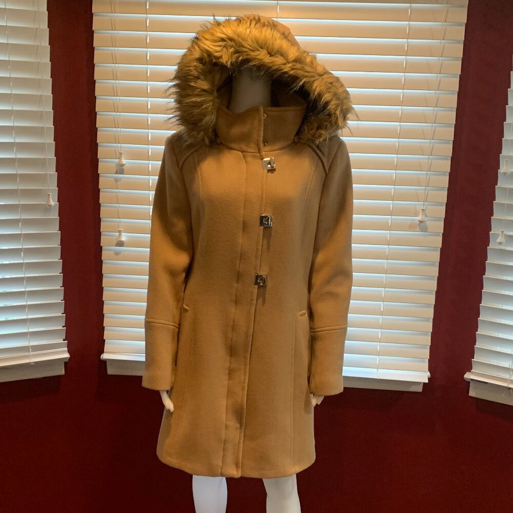 Woman’s Calvin Klein XL Tan Removable Faux Fur Hooded Wool Blend Coat